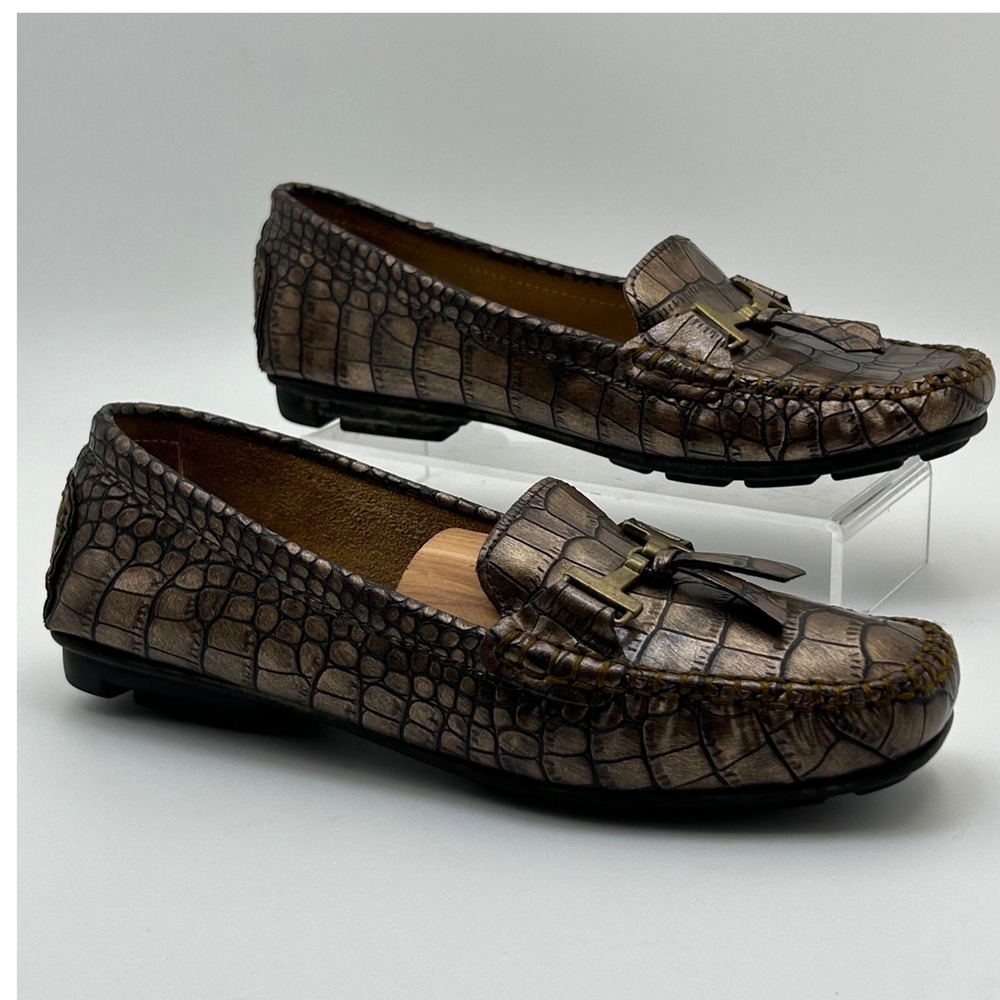 Impo Denise Loafers 7.5 Bronze Metallic Croc Bit Tassel Driving Mocs Preppy